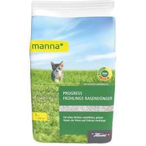 Verpackung Manna Progress Frühlings-Rasendünger 5 kg mit Katze im Gras.