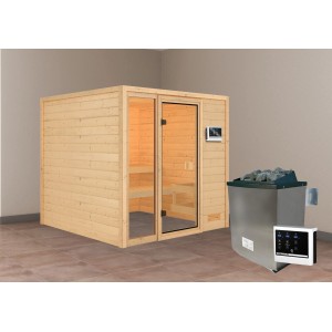 Karibu Sauna Jutta aus Massivholz mit Ofen und externer Steuerung.