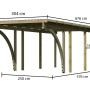 Karibu Einzelcarport Eco mit Maßangaben, Holzkonstruktion mit PVC-Dachplatten.