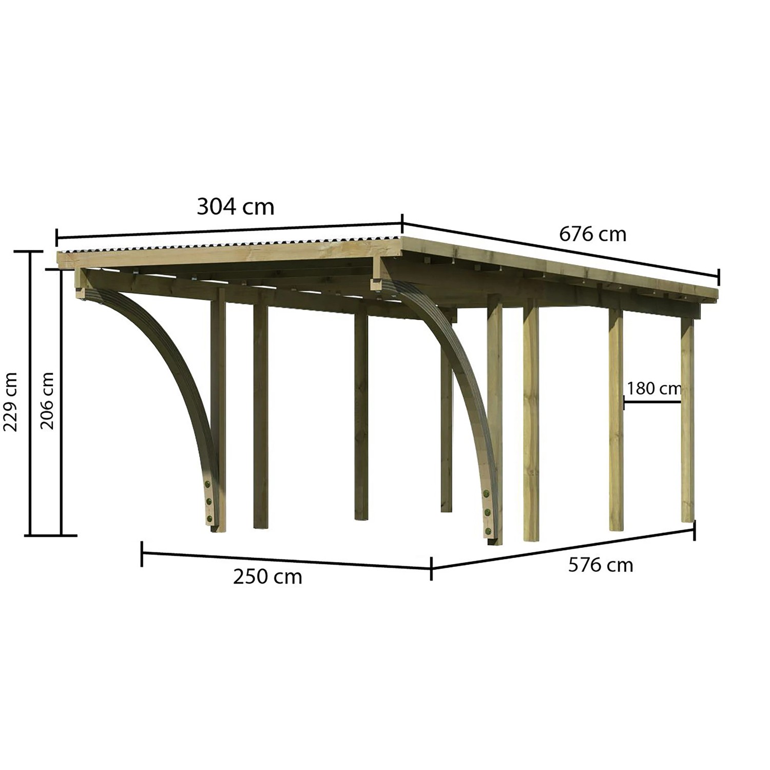 Karibu Einzelcarport Eco mit Maßangaben, Holzkonstruktion mit PVC-Dachplatten.
