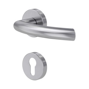 Novadoors Türgriffgarnitur NOVA AMICO 340 aus mattem Edelstahl. Geschwungener Griff und PZ-Rosette für Zimmertüren.