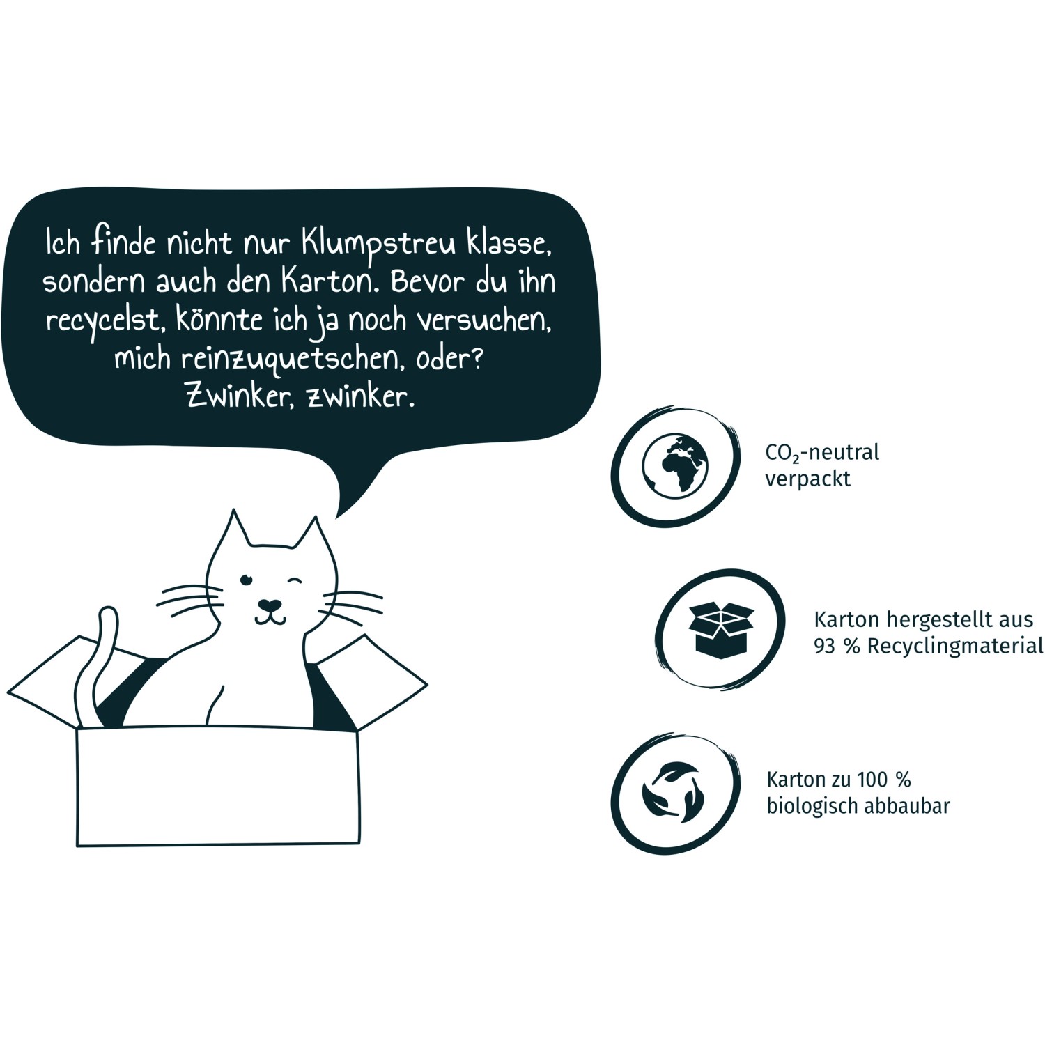 Illustration: Katze in Karton, der für Primox Klumpstreu recycelt werden kann. CO2-neutral verpackt.