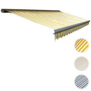 MCW Kassettenmarkise 4x3m, gelb-weiß gestreift mit Volant. Vollkassettenmarkise mit Motor.