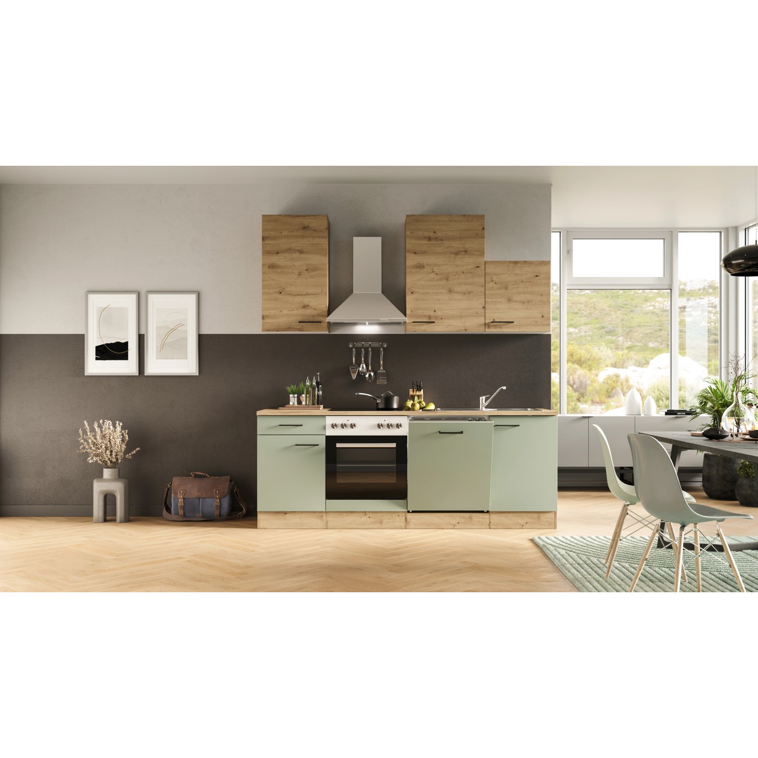 Flex-Well Küche Cara, 220 cm, schilfgrün matt/Artisan Eiche, mit E-Geräten. Einbauküche mit Herd, Kochfeld, Spüle und Dunstabzugshaube.