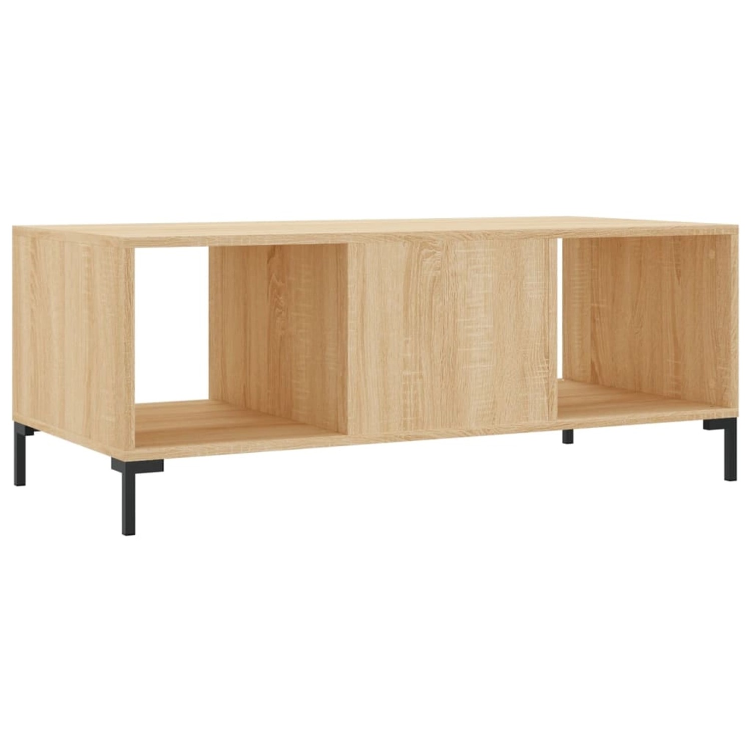 vidaXL Couchtisch Sonoma-Eiche mit Fächern und schwarzen Metallbeinen.