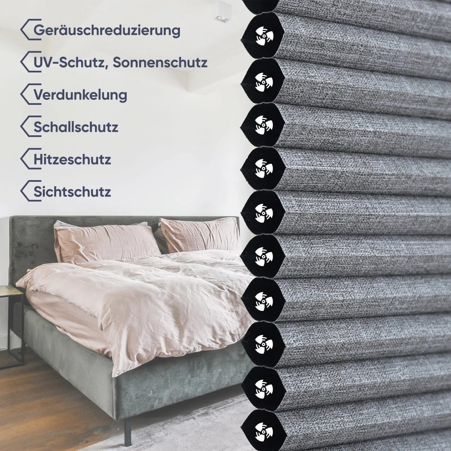 Dunkelgraues Sekey Wabenplissee, 80x100cm, verdunkelnd, ohne Bohren, vor Schlafzimmerfenster.