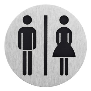 Aluminium Hinweisschild mit Piktogramm für Damen- und Herren-Toilette, selbstklebend.