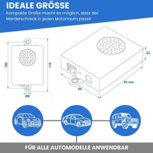 Kompakter TRAILERKRAFT Ultraschall-Marderschreck mit Maßen, passend für jeden Motorraum. Universell für alle Automodelle.