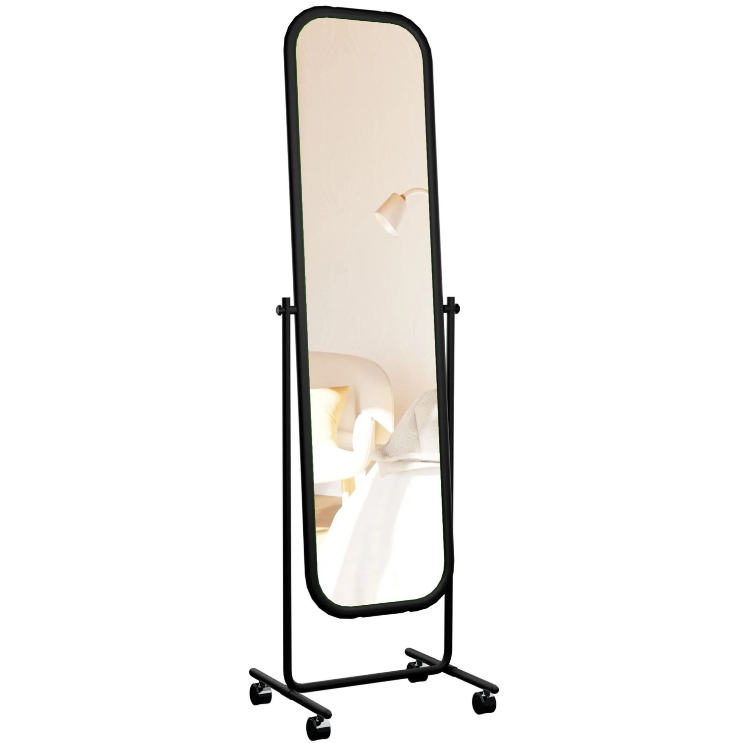 DELUKE Standspiegel TRIEST Metall Schwarz 48x45x166cm Mobiler Ganzkörperspiegel Freistehender Spiegel Mit Rollen