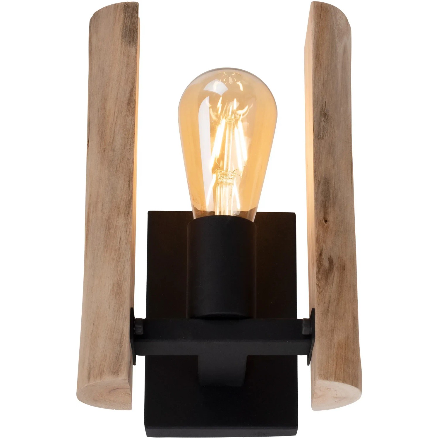 Just Light Wandleuchte Log, 10W, Naturholz, H 25cm. Dekorative Lampe mit schwarzer Fassung und Holzelementen.