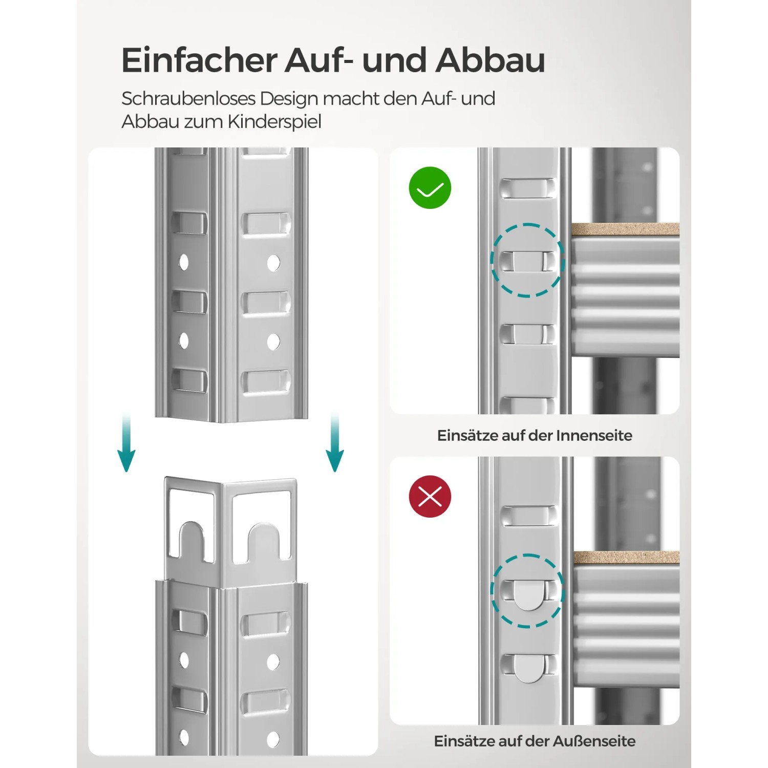 Detailaufnahme: Stecksystem des silbernen Songmics Lagerregals für einfachen Aufbau.