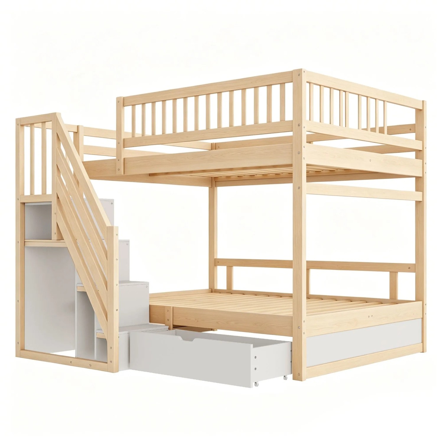 Massivholz Etagenbett 140x200 cm in Natur/Weiß mit Sicherheitstreppe, integriertem Stauraum und Schublade.