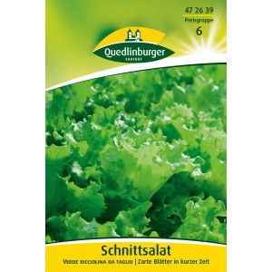 Samenpackung Quedlinburger Schnittsalat 'Verde ricciolina da taglio' mit grünen Salatblättern.