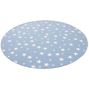 Blauer, runder Kinderteppich mit Sternenmuster, 133 cm Durchmesser.