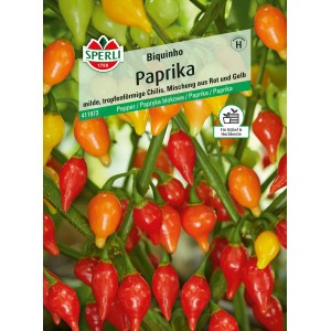 Sperli Paprika Biquinho Samen mit roten, gelben und orangen, tropfenförmigen Chilis.