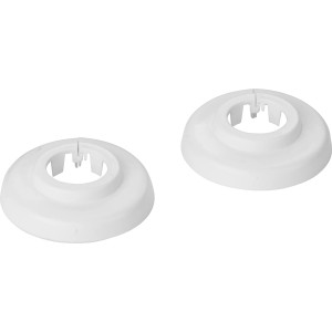 Zwei weiße Klapprosetten (Ø 18 mm) aus Kunststoff zum Abdecken von Rohrdurchführungen.