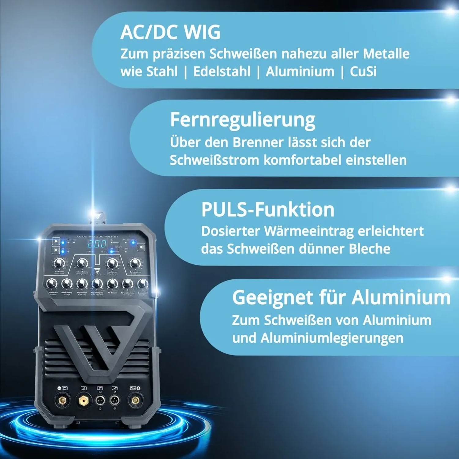 STAHLWERK AC/DC WIG 200 Puls ST Schweißgerät mit Zubehör. Zum Schweißen von Stahl, Edelstahl und Aluminium.