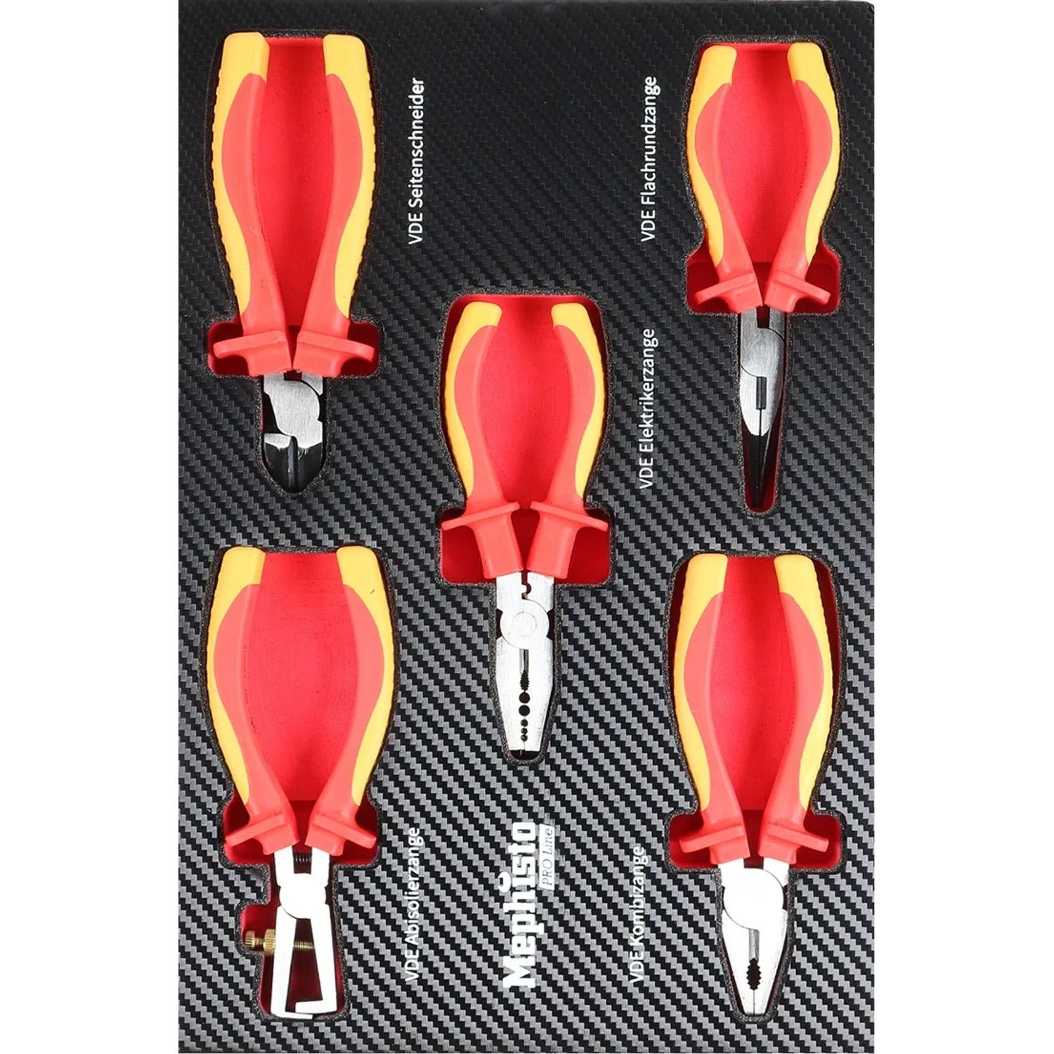 Mephisto Werkzeugwagen: VDE Zangen Set mit Seitenschneider, Kombizange, Abisolierzange, Flachrundzange, Elektrikerzange