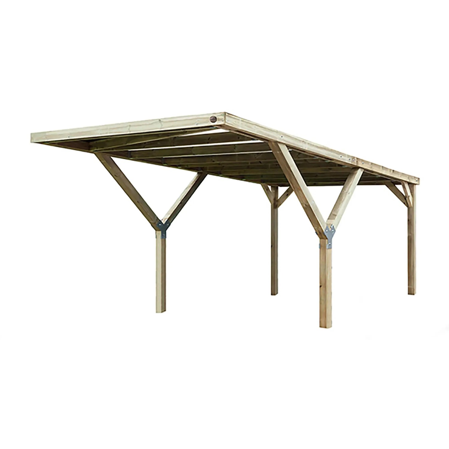 Weka Y-Einzelcarport Mugello A aus kesseldruckimprägniertem Holz mit flachem Dach und vier Pfosten.