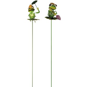 Luxform Solar-Steckleuchte Frosch, 2 grüne Deko-Frösche mit Schirm und Sonnenbrille.