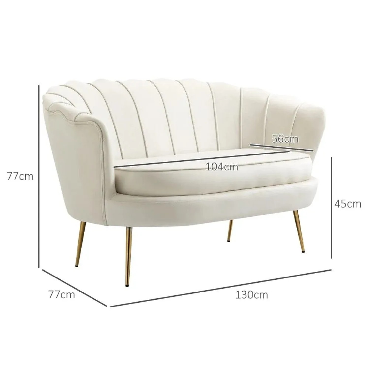 Cremeweißes 2-Sitzer-Sofa mit geschwungener Rückenlehne, vertikalen Nähten und goldenen Metallbeinen. Maße: 130x77x77 cm.