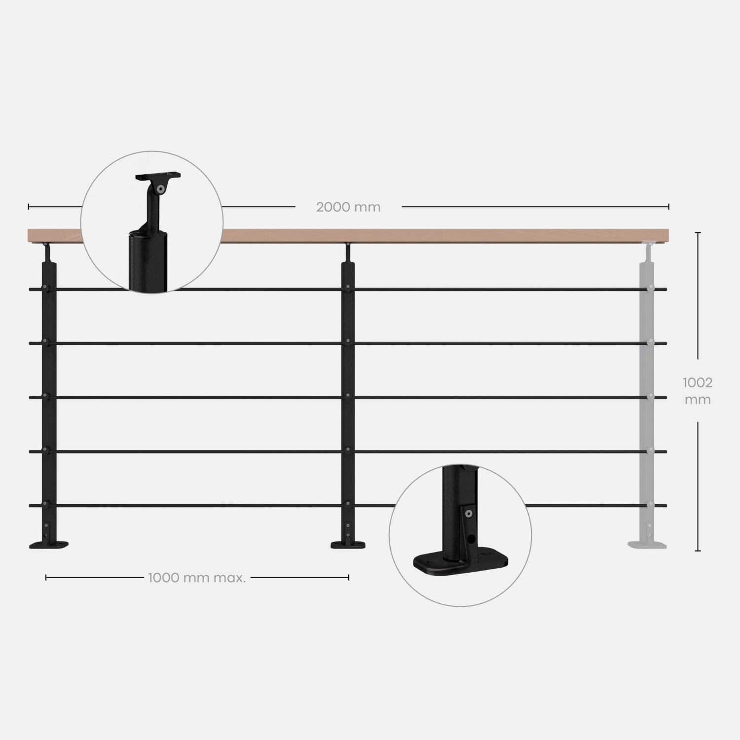 Kordo Geländerset, 2m, Alu schwarz, Handlauf Buche, Bodenbefestigung Opalu. Treppengeländer-Zubehör.