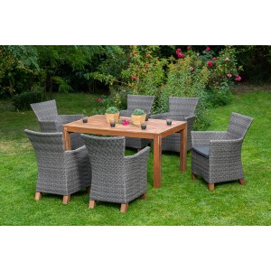 Merxx Toskana Gartenmöbel-Set, 7-teilig mit 6 Sesseln und Ausziehtisch aus Akazie und grauem Geflecht.