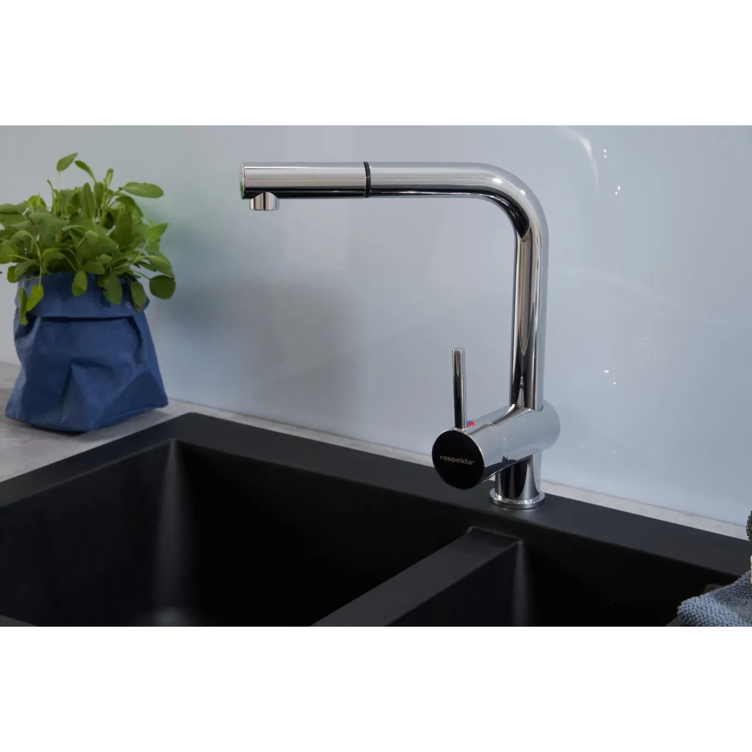 Respekta Mineralite Einbauspüle Denver, 100x50 cm, Schwarz mit Chrom Armatur.