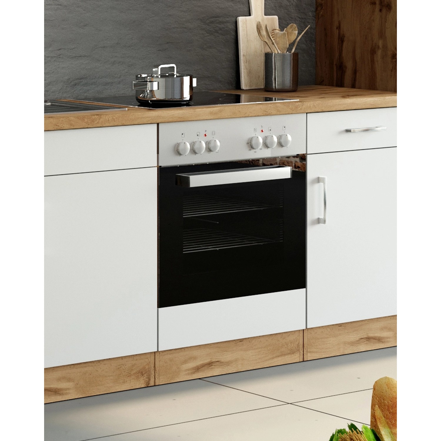 Herdumbauschrank Sorrento in Weiß-Wotaneiche mit Ofen und Kochfeld.