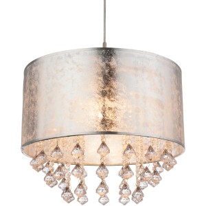 Silberne Globo Pendelleuchte AMY mit Textilschirm und klaren Acrylkristallen, Ø 40 cm.