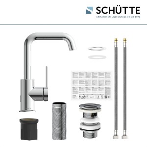 Schütte Waschtischarmatur Los Angeles Chrom mit Zubehör wie Ablaufgarnitur und Anschlussschläuchen.