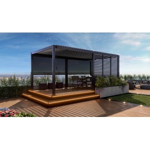 Anthrazitfarbene Pergola Mirador Premium 3x6m auf Terrasse mit Sitzbereich und Bepflanzung.