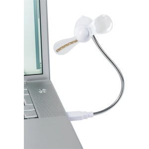 Weißer CMI USB-Ventilator (Ø 8,5 cm) mit LED-Lichtern am Laptop.
