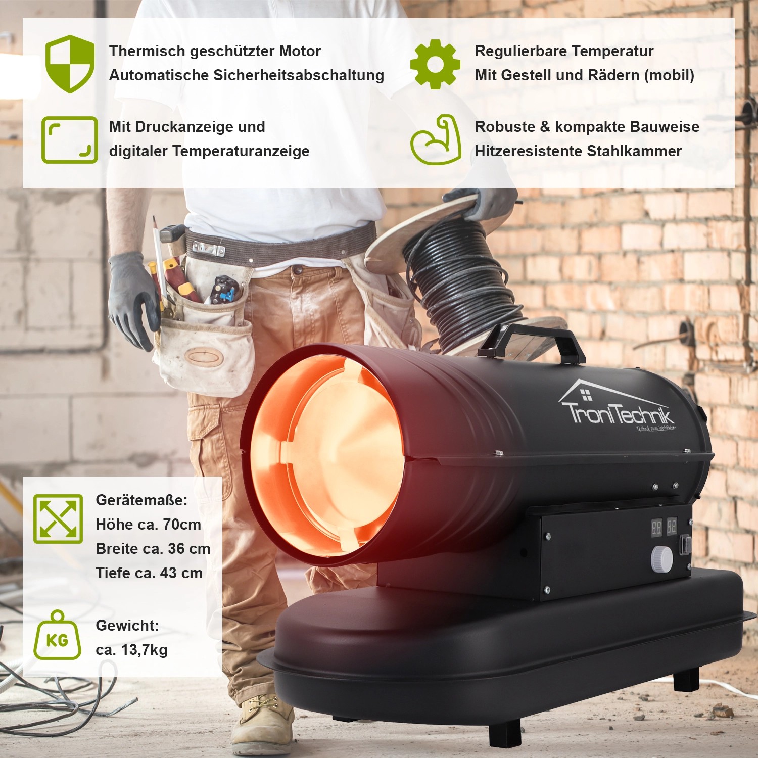 TroniTechnik Diesel Heizkanone 20kW mit 19l Tank und Tragegriff. Heizgebläse für Baustelle & Werkstatt.