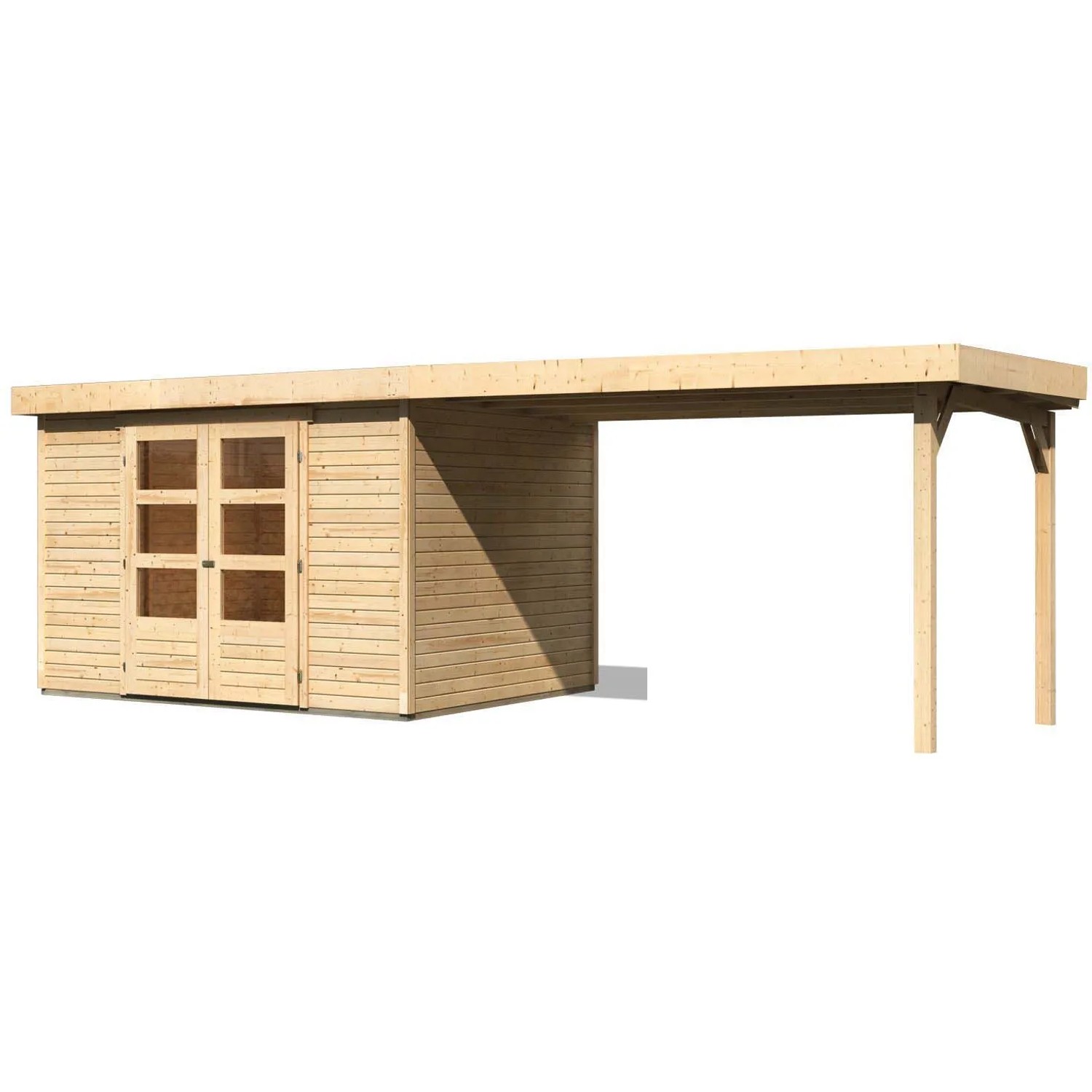Karibu Holz-Gartenhaus Boras mit Flachdach und Anbau, unbehandelt.