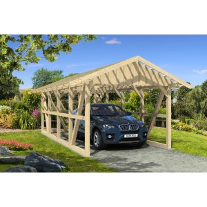 Skan Holz Carport Schwarzwald mit Abstellraum, naturbelassenes Holz, Satteldach mit Dachlattung.