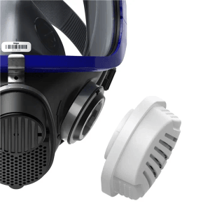 Dräger X-plore 5500 Atemschutz-Vollmaske mit weißem P3 Partikelfilter und Bajonettverschluss.