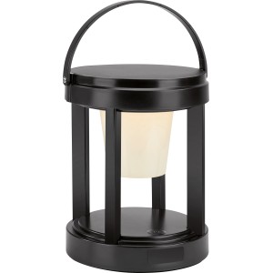 Schwarze Solar-LED-Laterne, rund, Ø 13 cm, 18 cm hoch, mit Tragebügel. Ideal für Garten und Balkon.