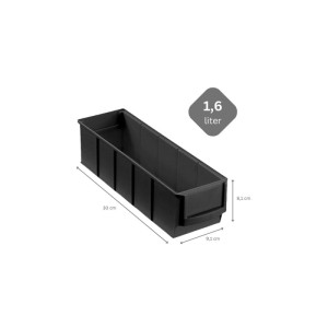 Schwarze PROREGAL Industriebox 300 S, 1,6 Liter, zur Aufbewahrung im Regal.