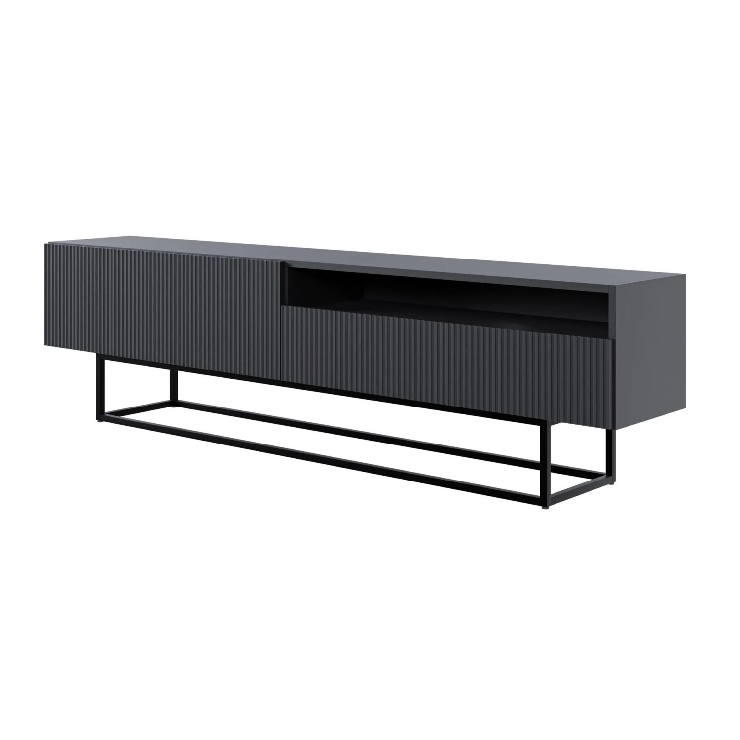 Selsey TV-Lowboard Veldio mit Lamellenfront und Offenem Fach 175 cm Schwarz mit Schwarzem Gestell