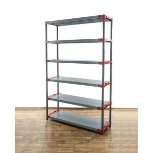 Graues PROREGAL Kunststoffregal Grey Bear Extra-Tall mit 6 Böden und rotem Rahmen. Fachlast 70 kg.