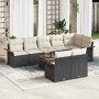 Schwarzes 9-teiliges vidaXL Garten-Sofa-Set aus Poly Rattan mit Tisch und cremefarbenen Polstern.