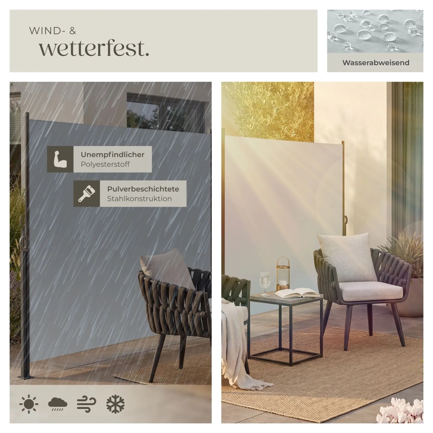 Graue Tectake Doppel Seitenmarkise 180x600cm, wetterfest, blickdicht und wasserabweisend für Terrasse & Garten.