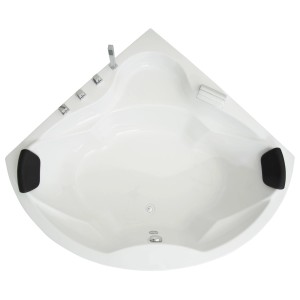 Weiße Basera Eckbadewanne Nendo 149x149 mit Armatur und Kopfstützen, Draufsicht.