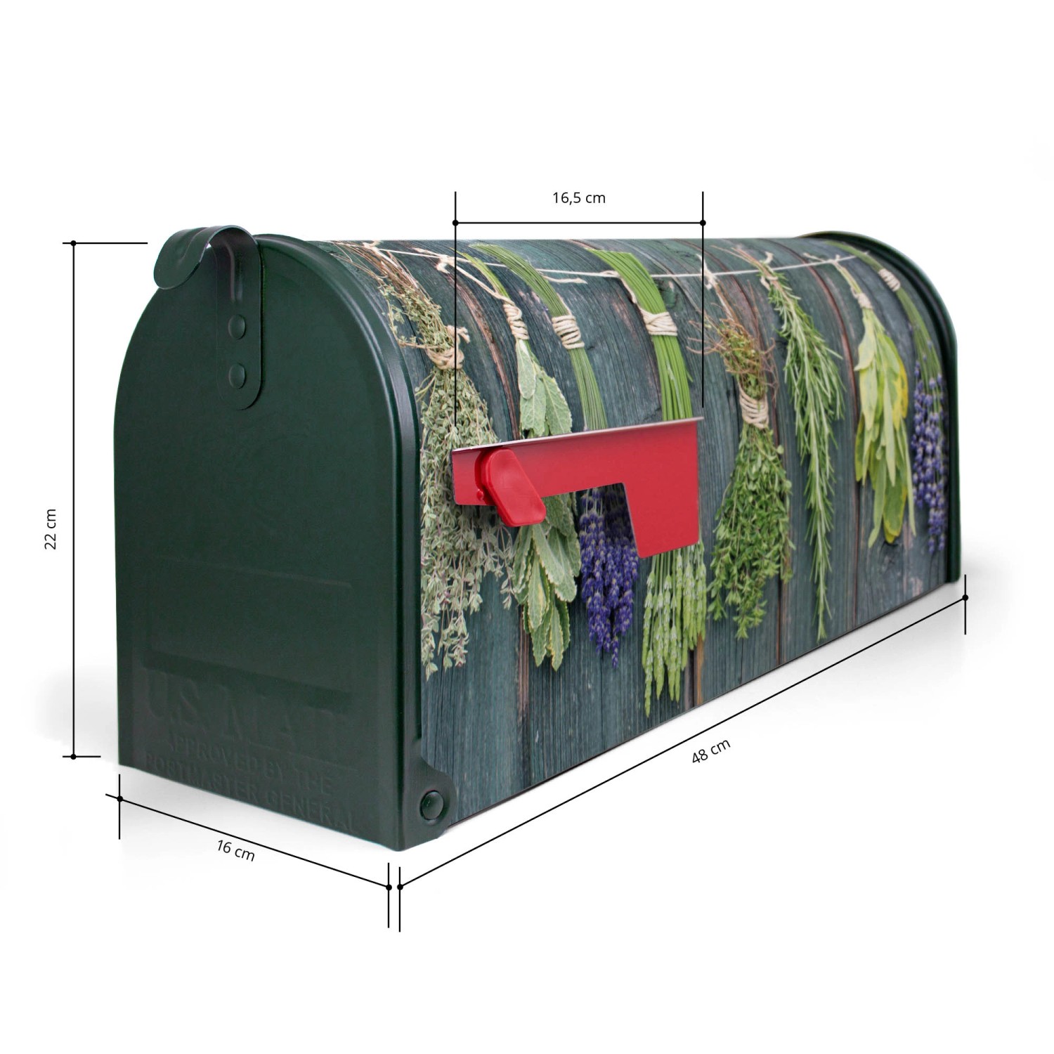 Grüner Banjado US Briefkasten mit Kräuter Motiv, Stahl pulverbeschichtet, 48x22x16cm.