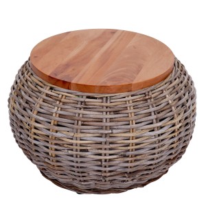 MCW Beistelltisch M30: Runder Wohnzimmertisch aus Kubu Rattan mit Mahagoni Tischplatte.
