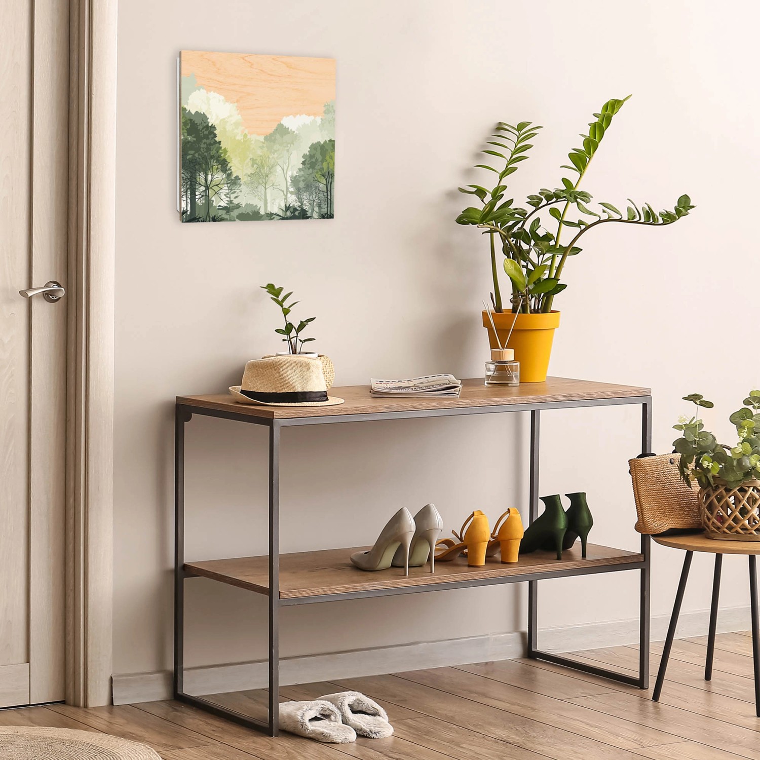 Banjado Schlüsselbox mit Waldszene, 30x30cm, weiß. Schlüsselkasten mit 50 Haken zur Wandmontage.