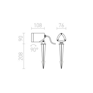Technische Zeichnung Rendl LED Außenstrahler Cosmo mit Erdspieß, Maßen und 90° schwenkbarem Kopf.