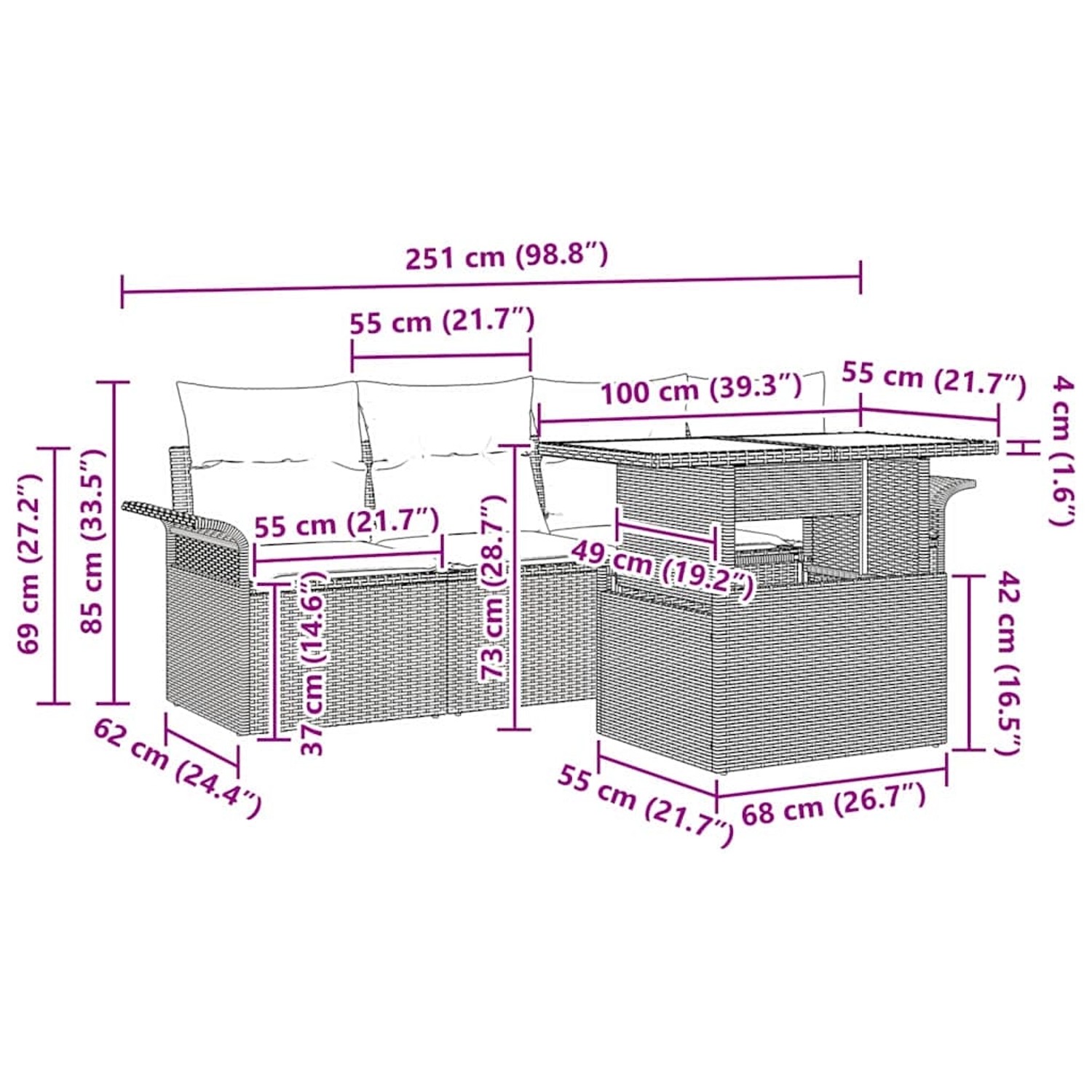 vidaXL Gartenmöbel-Set, 5-teilig, hellgraues Poly-Rattan, mit Maßangaben