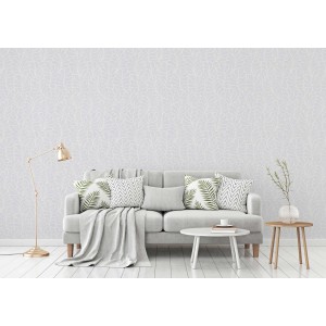 Überstreichbare Vliestapete mit Blättermuster im Wohnzimmer. Moderne Retro Strukturtapete.